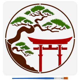 FINGERINSPIRE Japanese Torii Gate Painting Stencil with Brush 11.8x11.8inch Plastic PET Argyro Pine Trees Drawing Template Decorative Hollowed Oriental Theme Stencil for Painting on Wood Canvas