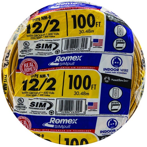 Southwire Romex Brand Simpull Solid Indoor 12/2 W/G NMB Cable 100ft coil - SW# 28828228, Yellow
