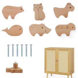 KHIRY Set of 6 Animal Shaped Wooden Drawer Handles, Aesthetic Wooden Knobs with Unique Animal Motifs and Screws, Decorative Furniture Handles for Cabinets & Dressers (Design B)