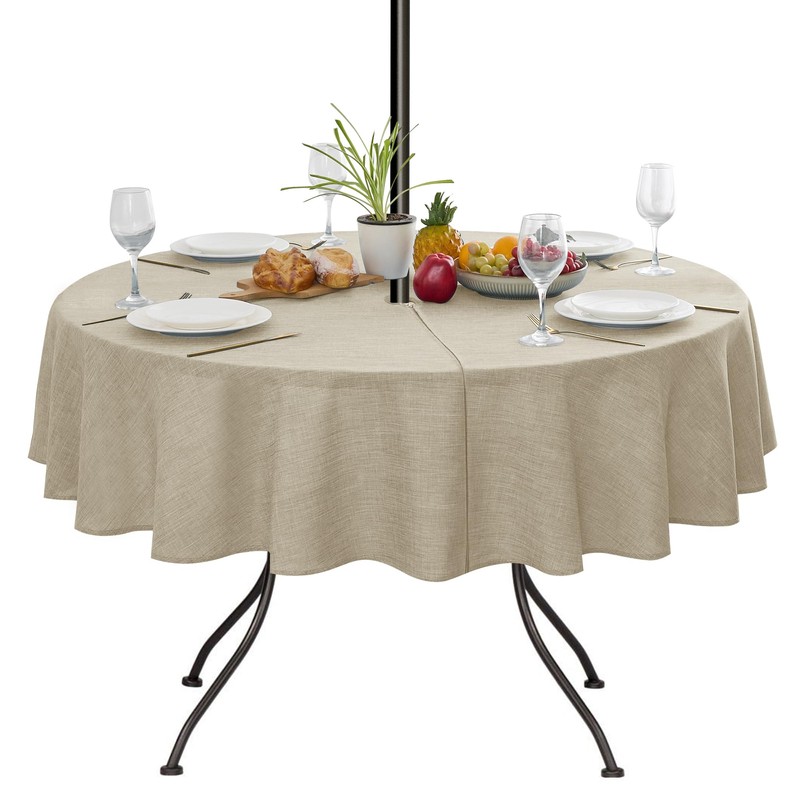 LUSHVIDA Outdoor Tablecloth with Umbrella Hole, Natural, 60 Inch Round