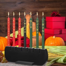Sosation Black Kwanzaa Kinara Wood Candle Set Handmade Wooden Holder Candles with Words Kwanzaa 3 Red 3 Green 1 Black Winter Kinara Candles Celebrates African Americans Traditional House Decor