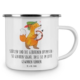 Mr. & Mrs. Panda Camping Emaille Tasse Schütze Optimist - Geschenk, Abenteuergeist, Emaille Campingbecher, Geschenke Sternzeichen, Schütze