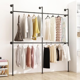 ORSENIGO Industrial Pipe Clothing Rack, Heavy Duty Metal Clothes Rack with Double Rods for Hanging Clothes, Wall Mount Space-Saving Garment Display Rack (Double, Black)