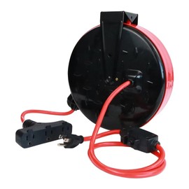 FNXPOW 30 Ft Retractable Extension Cord Reel, 16/3 SJTW Power Cord with 3 Electrical Outlets, Ceiling or Wall Mount, 10 Amp Circuit Breaker, Metal Plate, UL Listed, Red