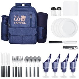 Happybuy Navy Blue Picnic Backpack for 4 - Includes Insulated Cooler, Detachable Wine Holder, Blanket & Complete Dining Set for Outdoor Adventures