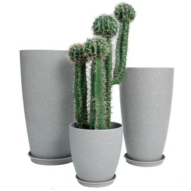 MinCHI257 24,21,11 Inch Large Plastic Planters with Drainage Hole and Saucer - Set of 3 Tall Plant Pots Indoor Flower Pot Tall Round Planters Outdoor Large Tall Planter