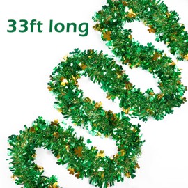 33ft St. Patrick's Day Tinsel Garland with Shamrock Confetti Green Gold Metallic Tinsel Twist Garland Shamrock Hanging Garland Decoration for St. Patrick's Door Tree Mantel Party Supplies