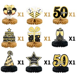 9Pcs 50th Happy Birthday Centerpieces, Black and Gold Happy Birthday Decorations, Happy Birthday Table Toppers for Men and Women, 50 Years Birthday Party Supplies (50 Years)