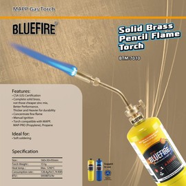 BLUEFIRE Solid Brass Pencil Flame Gas Welding Torch Head Nozzle Upgraded Full Metal Version Fuel by MAPP MAP Pro Propane CGA 600 Cylinder (Torch with Propane kit)