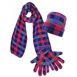 Pink Plaid Fleece 3 Piece Hat Scarf & Gloves Matching Set