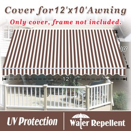 Strong Camel 12'x10' Patio Awning Cover Only Cover Retractable Deck Sun Shade Shelter Canopy Cover (Brown with White)