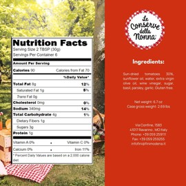 Le Conserve Della Nonna Sun Dried Tomato Tapenade - Italian Tomato Spread, Healthy Tomato Dip - Natural & Gluten Free Tapenade - Made from Fresh Ingredients For Toppings, Spread & Garnish - 6.7 oz