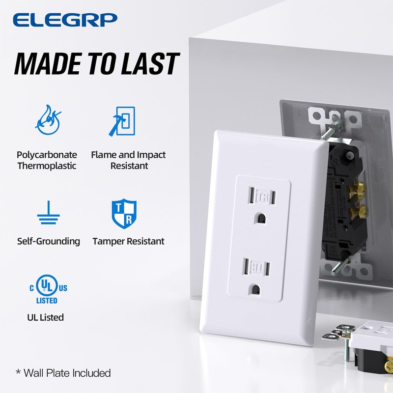 ELEGRP Decorator Wall Receptacle Outlet, Tamper Resistant 15A 125V Standard