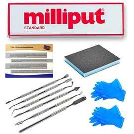 Milliput Epoxy Putty 10 Piece Set, Standard Color - with Sculpting Tools, Sanding Pad and Gloves - Air Dry Moldable Plastic Plumbers Clay - Ceramic Tile, Marble, and Quartz Countertop Chip Repair Kit