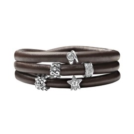 Quiges Leather Wrap Bracelet Brown 60-66 cm with Charm Beads Silver-Plated Stainless Steel Magnetic Clasp, Leather, Cubic Zirconia