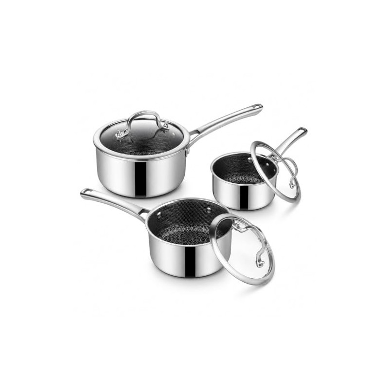 Nonstick Sauce Pan with Lid, Non-Toxic Tri-Ply Hybrid Ceramic Saucepan,