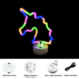 Pink Neon Heart Unicorn LED Light, USB & Battery Powered Table Lamp, Portable Night Light for Women, Ideal Valentine's, Lover's, Friend's Heart Light Gift, Neon Heart Sign (Unicorn Rainbow)