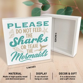 Farmhouse Beach Wooden Box Sign, Please Do Not Feed The Sharks, Summer Beach Decor for Home Bedroom Bathroom, Funny Beach House Ocean Nautical Decoration, Beach House Gifts for Women Men New House