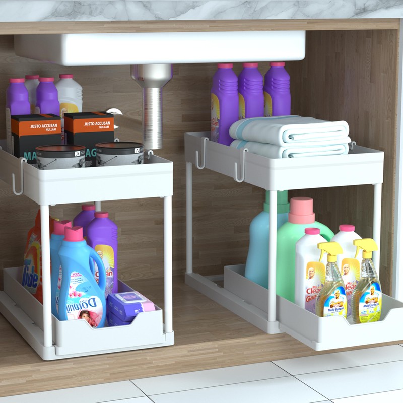 DEKAVA Cabinet, 2 Pack Under Sink Organizer, 2 Tier Sliding
