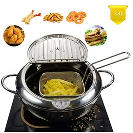 TIYOORTA Mini deep fry pan with basket draining rack Stainless steel Fryer pot with Thermometer for Chicken French Fries Fish onion ring