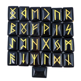 WANGCL 25Pcs Black Obsidian Runes Stones Set, Tumbled Gemstone with Carved Rune Words for Fortune Telling Crystal Healing Reiki