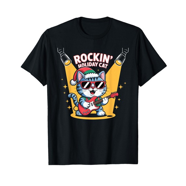 Christmas Santa Hat Cat Playing Guitar Rock and Roll T-Shirt