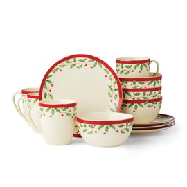 Lenox 894585 Holiday 12-Piece Dessert Set, Red & Green, 12 Count, Christmas Dinnerware Set, Holiday Hosting