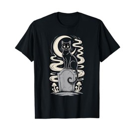 Black Gothic Cat Moon Tombstone Gravestone Dark Academia T-Shirt