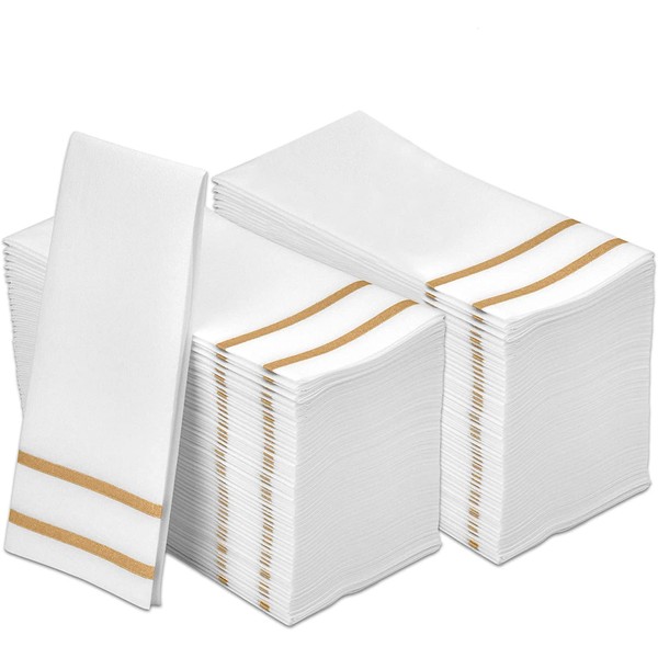 FETE Decorative Hand Towels, Gold Design 200 Disposable Linen-Feel Guest Towels – Formal Dinner, Anniversary, Wedding Napkins for Tables, and Restrooms - 8.5x4-Inches Folded 12x16.5-inches Unfolded,