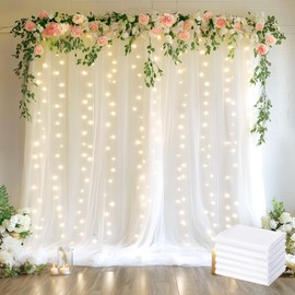 Fomcet Tulle Backdrop Curtains White 30FT X 8FT Tulle Curtains with Lights String Sheer Backdrop Curtain for Parties Wedding Baby Shower Photo Shoot Decorations (6 Panels 5 x 8FT)