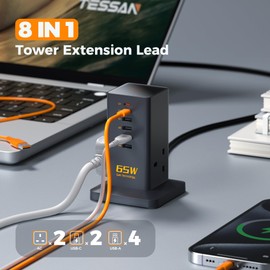 Charging Station for Multiple Devices, TESSAN 65W Multi USB Charger with 6 USB Charger Ports(2 USB-C), 2 Way Charging Hub, Multiple USB Fast Charger Station with 2M Cord for Home School Supplies