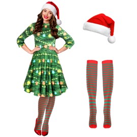 Hillban 3 Pcs Christmas Elf Costume Set Women Short Sleeve Christmas Dress Thigh High Socks Santa Hat (Bright Tree,X-large)
