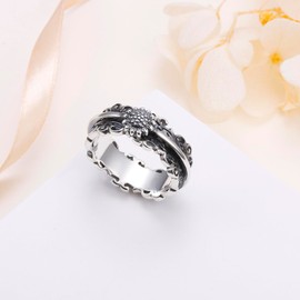 HOOHWE Anxiety Women's Anti-Stress Rings Silver 925 Four-Leaf Clover / Sunflower Rings for Women Vintage Chunky Ring with Embossed Four Leaf Clover Gift, Sterling Silver