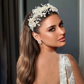 Mpoikba Bride Headband, Pearl Adorned Wedding Hair Pieces for Brides, Flower Girl Hair Accessory