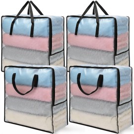 Fasmov 4 Pack Oversized Clear Storage Bag with Handles and Zippers, Vinyl Storage Bag for Comforter, Blanket, Bedding, Duvet, Transparent Moving Tote, Under the Bed Storage, Garage Organizer