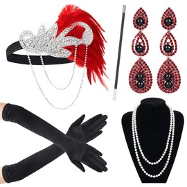 Cucudy 20er Jahre Accessoires Kostüm Damen und Herren Mafia Gatsby Kostüm Set Art Deco Flapper Party 1920s Gatsby Schmuck Damen Federboa Stirnband Accessoires Abschlussball Event (1)