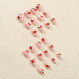 Valentine's Day Press on Nails Short Length Square Red Rose Flower False Nails with Design French Fake Nails Artificial Acrylic Nails Full Cover Glossy Coffin Nails, Glue on Nails for Women 24Pcs