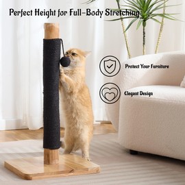 Kicari 29" Tall Solid Wood Cat Scratching Post for Indoor Cats, Extra Stable Heavy Base, Natural Sisal Scratcher with Hanging Ball, Furniture Protector for Kittens & Adult Cats, Beige