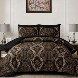 WONGS BEDDING Black Comforter Set Full Size, Gold Damask Texture 7 Pieces Bed in a Bag Microfiber Comforter Bedding Sets -1 Comforter, 1 Flat Sheet, 1 Fitted Sheet, 2 Pillow Shams, 2 Pillowcases