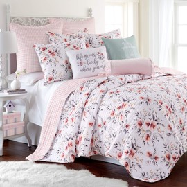 Levtex Home - Adeline Quilt Set - Full/Queen Quilt and Two Standard Shams - Floral - Blush Pink and Grey - Quilt (86x86in.) and Shams (20x26in.) - Reversible - Polyester