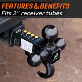 MEOTWARE Trailer Hitch Tri-Ball Mount with Hook - Heavy Duty Trailer Ball Size 1-7/8", 2" and 2-5/16", Fits 2 Inch Receiver Pickup Truck, Hollow Shank with 5/8" Hitch Lock, Black