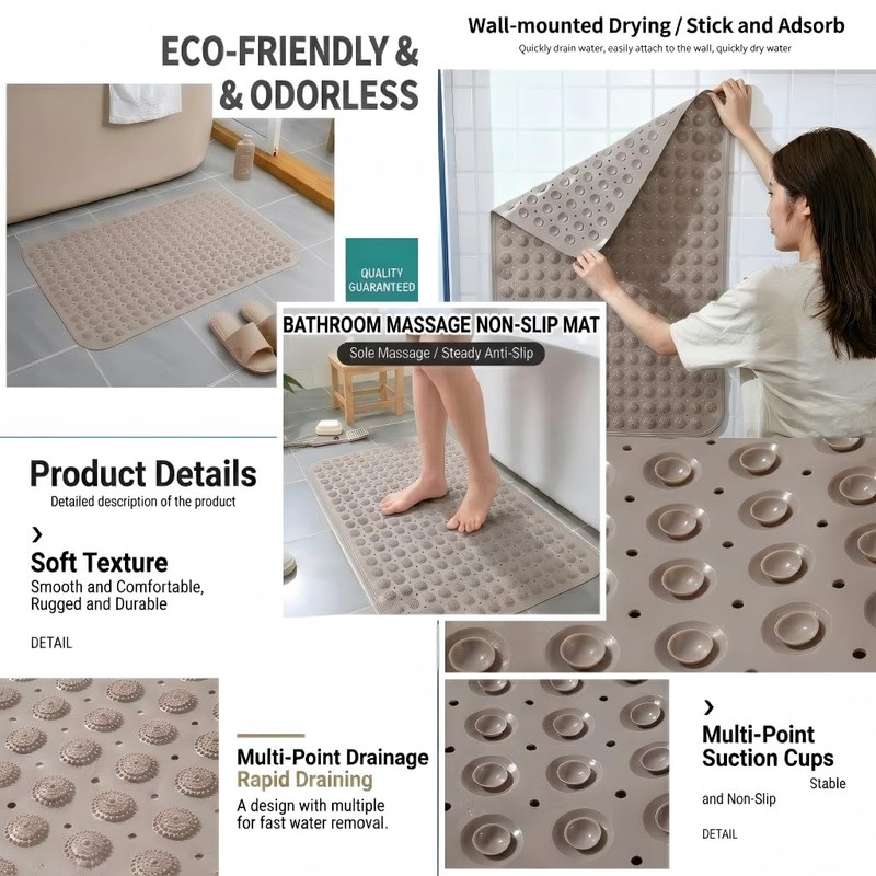 Shower Mat, Non-Slip Shower Mats with Suction Cups and Drain