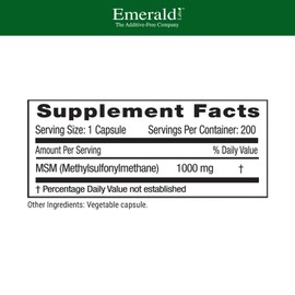 EMERALD LABS MSM 1000mg - Joint, Liver & Immune Support Supplement with Methylsulfonylmethane - Gluten-Free & Additive-Free - 200 Vegetable Capsules (Up to 100-Day Supply)