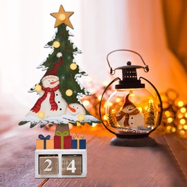 Morning View Christmas Tree Advent Countdown Calendar, LED Lighted Wooden Tabletop Christmas Countdown Calendar with Number Blocks (Red hat Snowman)