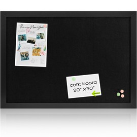Board2by Black Cork Board Bulletin Board with Linen, Wood Framed 30" x 20" Corkboard, Office Board for Wall Decor, Wall Mounted Pin Board Picture Board with 20 Pushpins for School, Home & Office