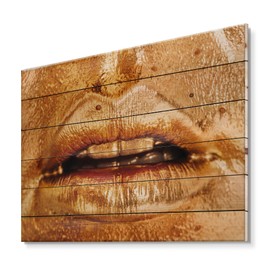 DesignQ Close Up Of Woman Lips With Bright Golden Makeup Modern & Contemporary Wood Wall Decor, Orange Wood Wall Art, Large People Wood Wall Panels Printed On Natural Pine Wood Art