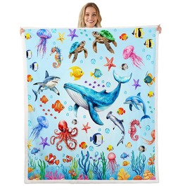 jejeloiu Sea Animals Plush Throw Blanket Throw 50"x60" Ocean Creature Themed Dorm Decor Sea Fish Decor for Couch Bed Sofa Gift for Mom Adults Women Comfort Warmth Soft Underwater World Fleece Blankets