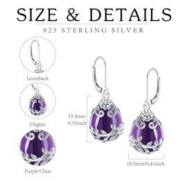 Purple Crystal Earrings Dangle Earrings Sterling Silver Filigree Drop Dangle Earrings Purple Jewelry Gifts for Women, Sterling Silver, crystal
