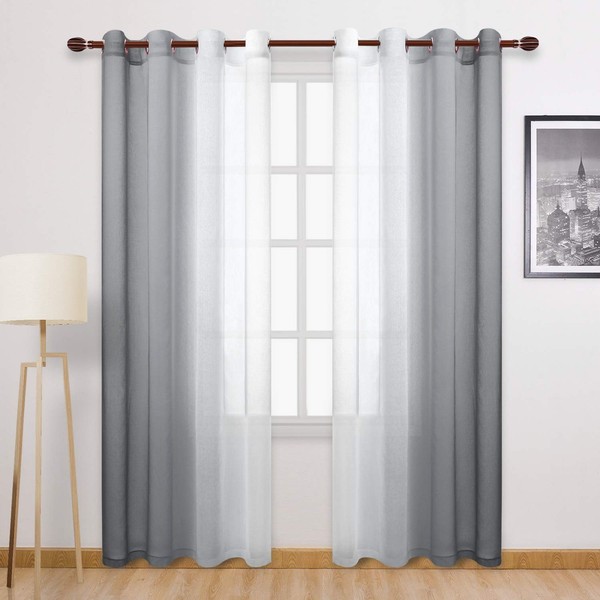 DWCN Grey Faux Linen Ombre Sheer Curtains - Semi Voile