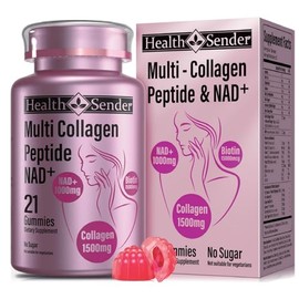 HealthSender Hydrolyzed Collagen Peptide Filled Gummies, 1500mg Protein Type I,II,III,V,X,1000mg NAD 15000mcg Biotin Supplement for Sugar-Free Man&Woman,AI-Fomular HCL for Skin,Hair,Nails